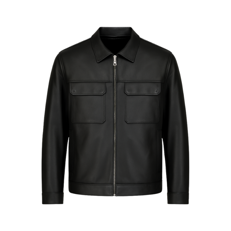 Italian Leather Zip-Front Jacket with Chest Pockets