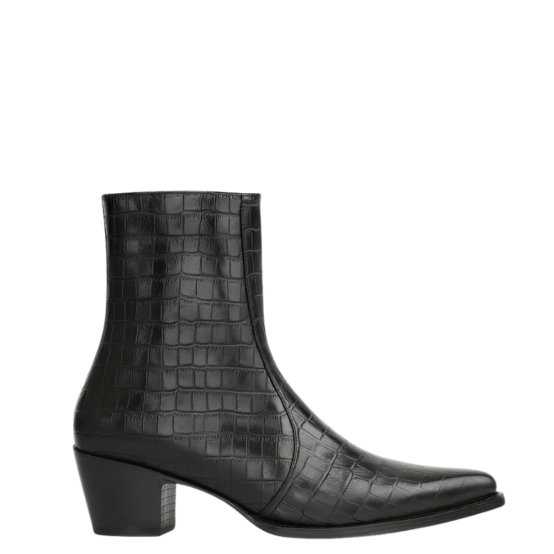 Men's Croco-textured Black Leather Pointed Toe Side Zipper Boot