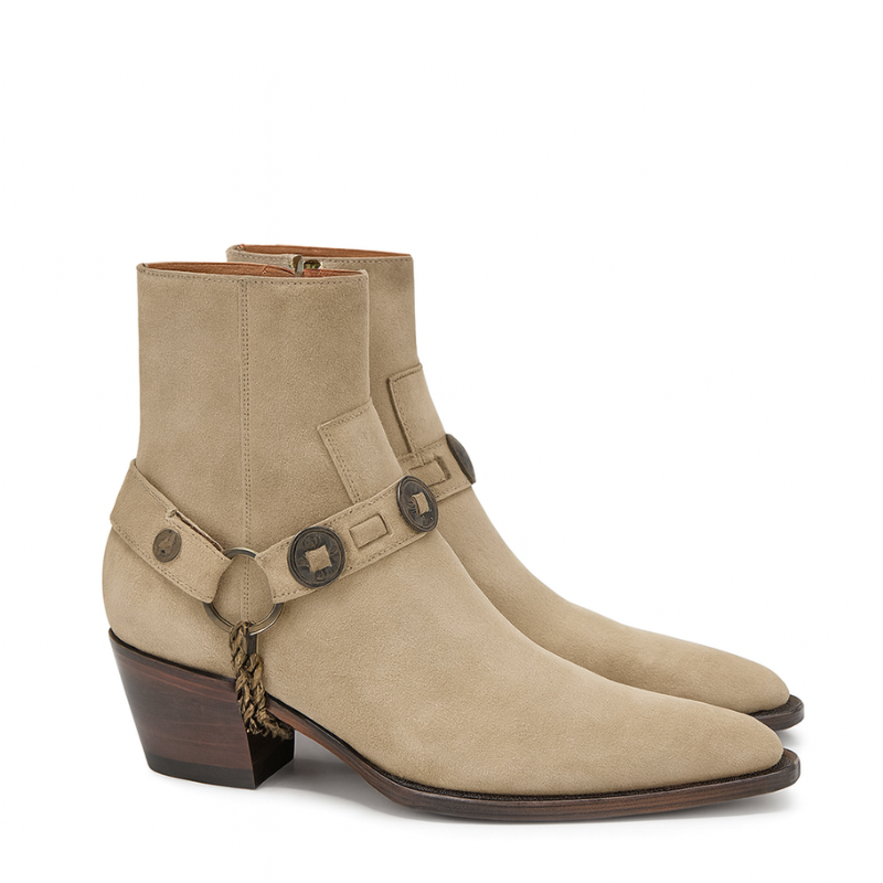 Luxury Textured Leather Beige Side-Zipper Boots with Metal Chain