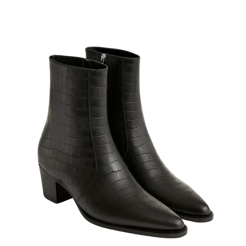 Men's Croco-textured Black Leather Pointed Toe Side Zipper Boot
