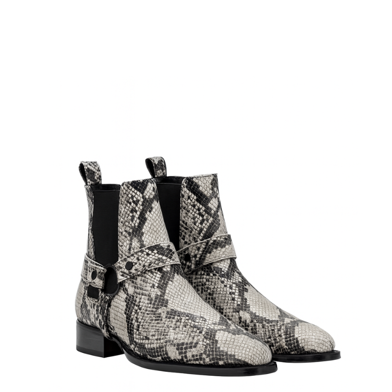 Men's Snakeskin-patterned Boots With Metal Chain