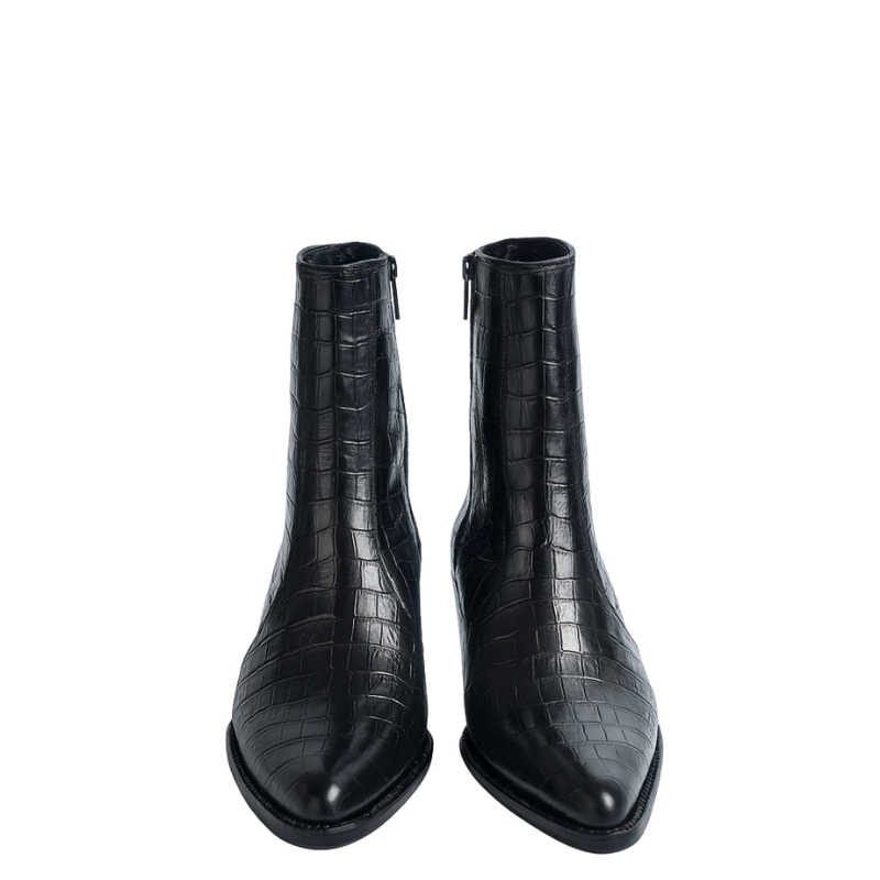 Men's Croco-textured Black Leather Pointed Toe Side Zipper Boot