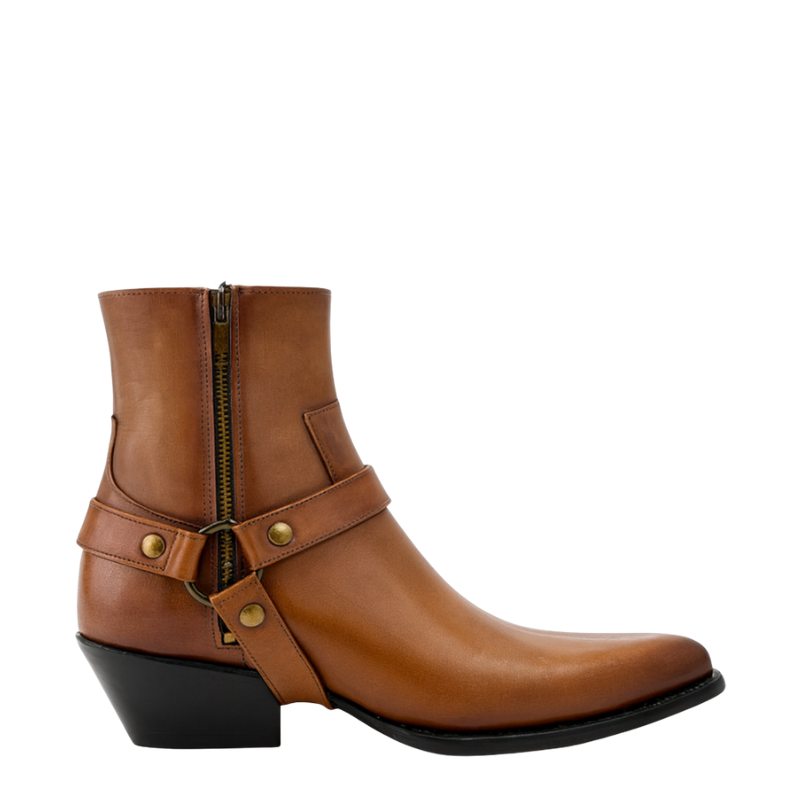 Luxury Leather Brown Boot With Engraved Metal Buckle Strap