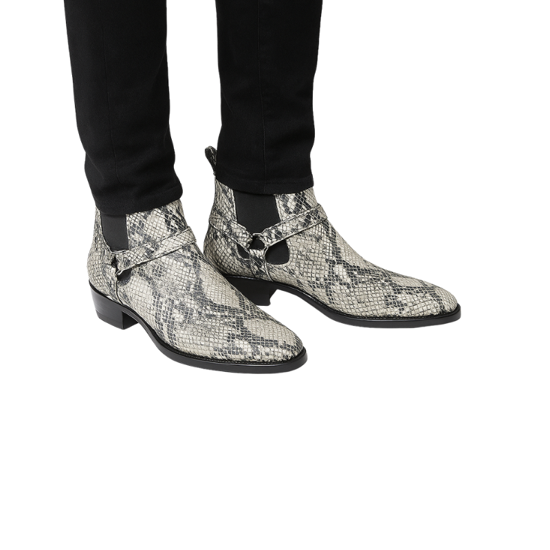 Men's Snakeskin-patterned Boots With Metal Chain