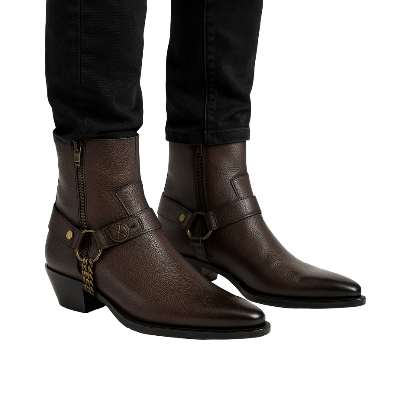 Luxury Textured Leather Dark Brown Side-Zip Boots with Metal Chain