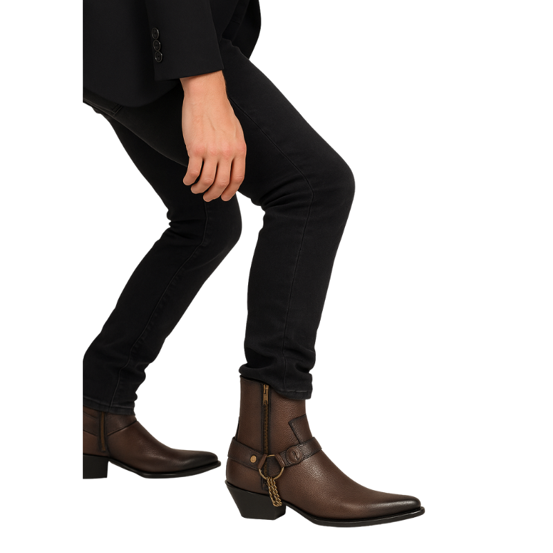 Luxury Textured Leather Dark Brown Side-Zip Boots with Metal Chain