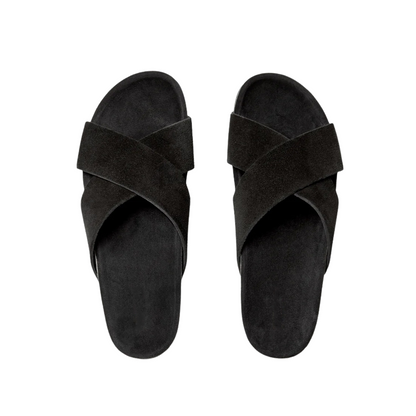 Men's Cross Strap Suede Black Comfort Slipper