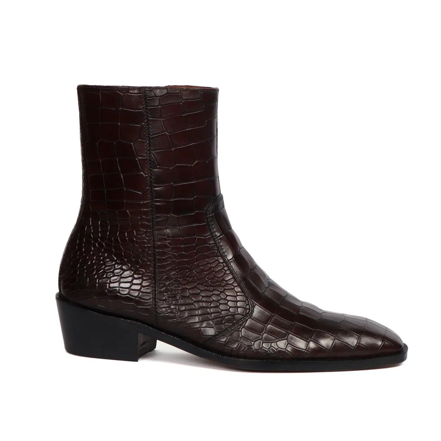 Cuban Heel Chelsea Boots Dark Brown Deep Cut Leather with Zip Closure