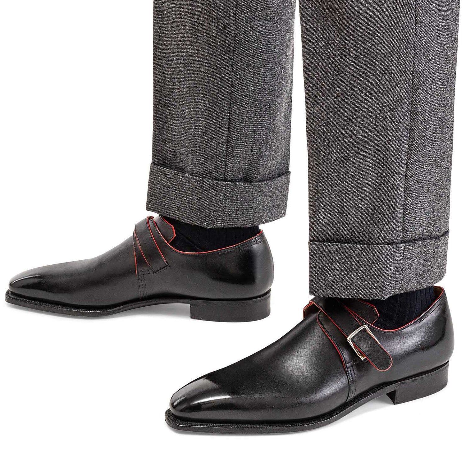 Red Lining Calf Leather Black Shoe With Buckle