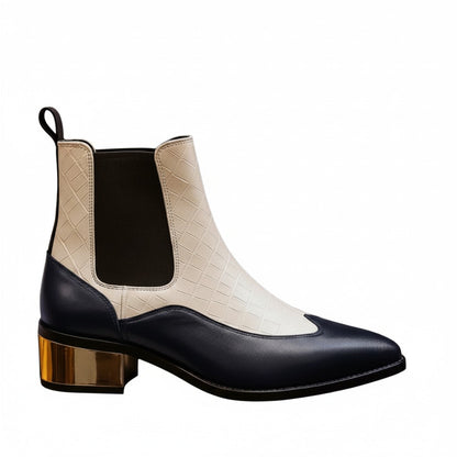 Luxury Dual-Tone Croco Leather Chelsea Boots with Metallic Gold Heel