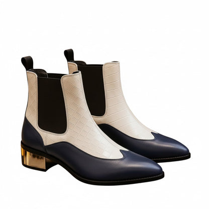 Luxury Dual-Tone Croco Leather Chelsea Boots with Metallic Gold Heel