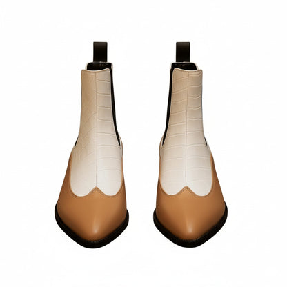 Luxury Dual-Tone Croco Leather Chelsea Boots with Metallic Gold Heel