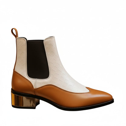 Luxury Dual-Tone Croco Leather Chelsea Boots with Metallic Gold Heel