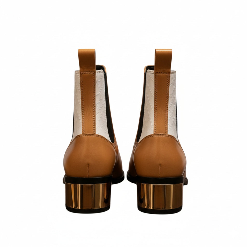 Luxury Dual-Tone Croco Leather Chelsea Boots with Metallic Gold Heel