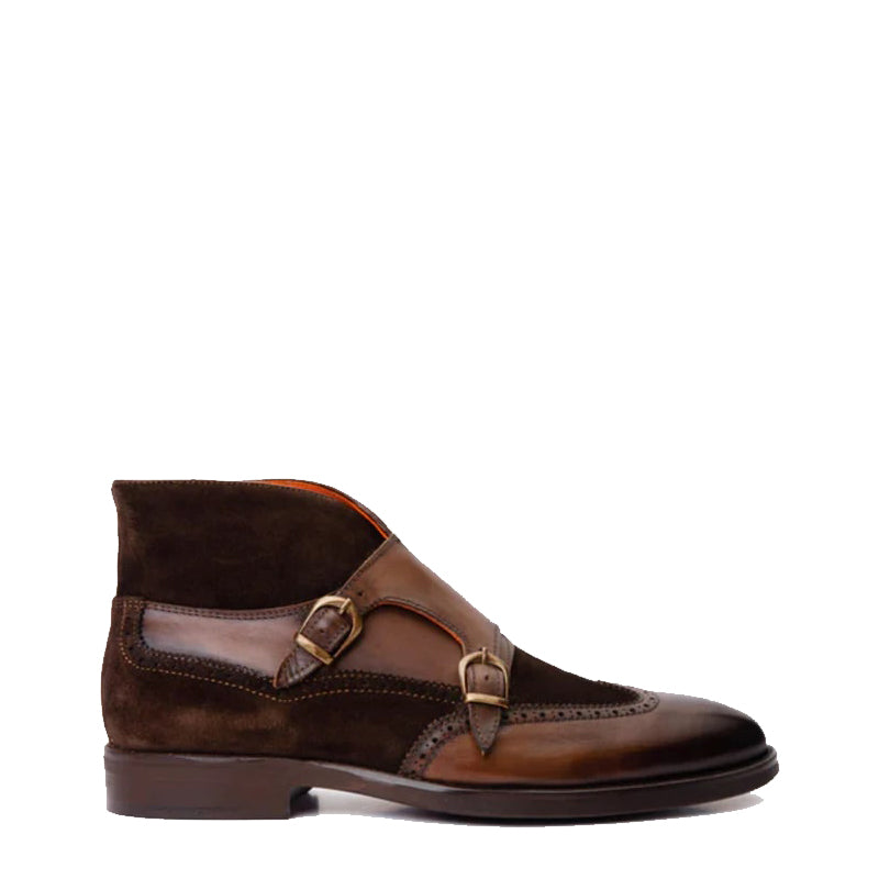 Blue Suede Leather Double Strap Monk Brogue Men Boot