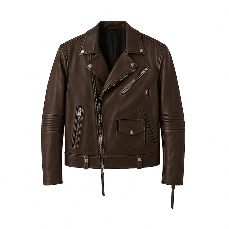 Men's Burgundy Leather Biker Jacket with Zippers