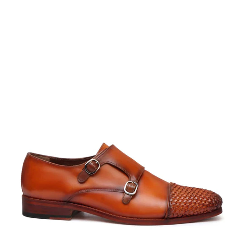 Double Monk Woven Leather Cap-Toe Brown Shoe