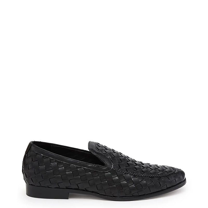 Men Woven Textured Handmade Pure Leather Black Loafer