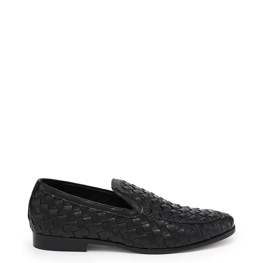 Men Woven Textured Handmade Pure Leather Black Loafer