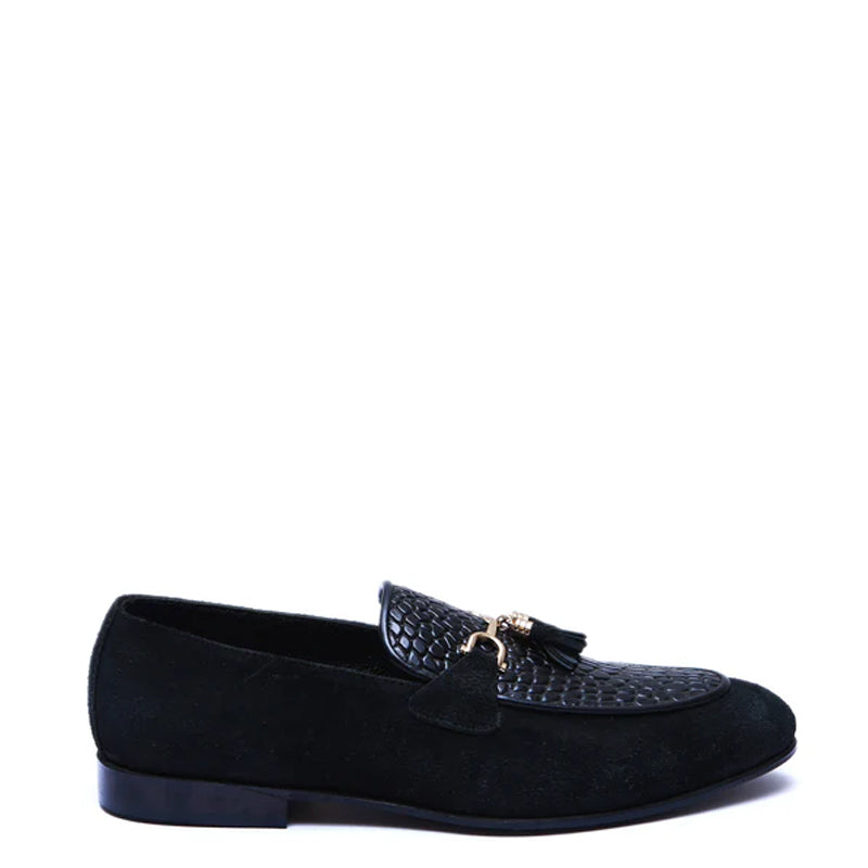 Pure Suede Leather Tassel Black Loafer With Gold Buckle