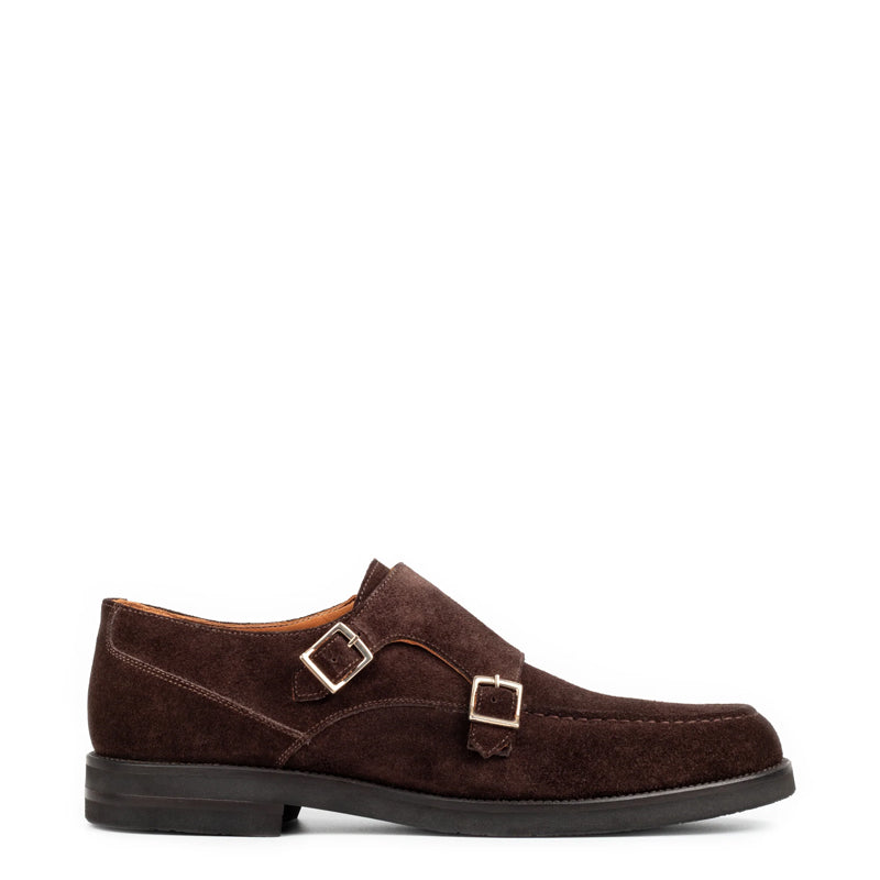 Men Suede Leather Double Monk Straps Brown Shoe