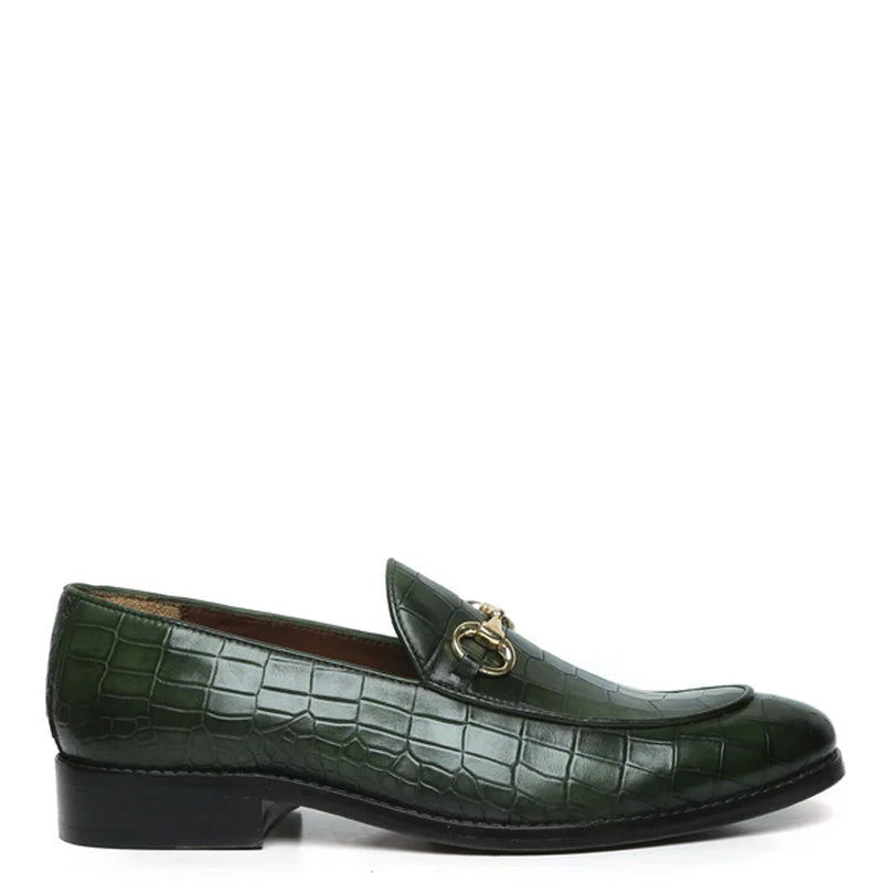 Croco Print Deep Cut Horse-bit Buckled Tan Loafer