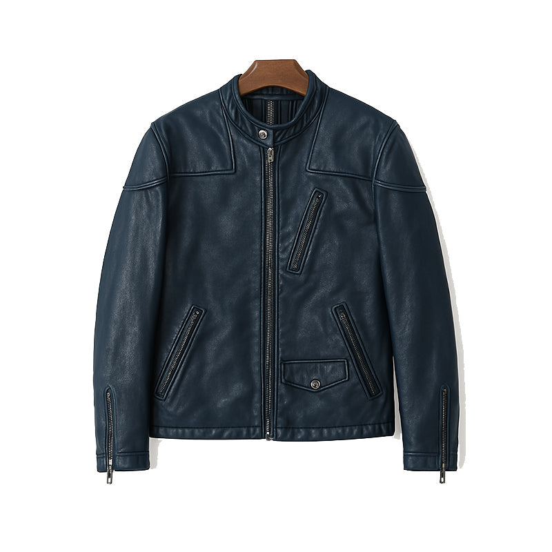 Men’s Zip-Up Vintage Tan Biker Jacket with Stand Collar & Pockets