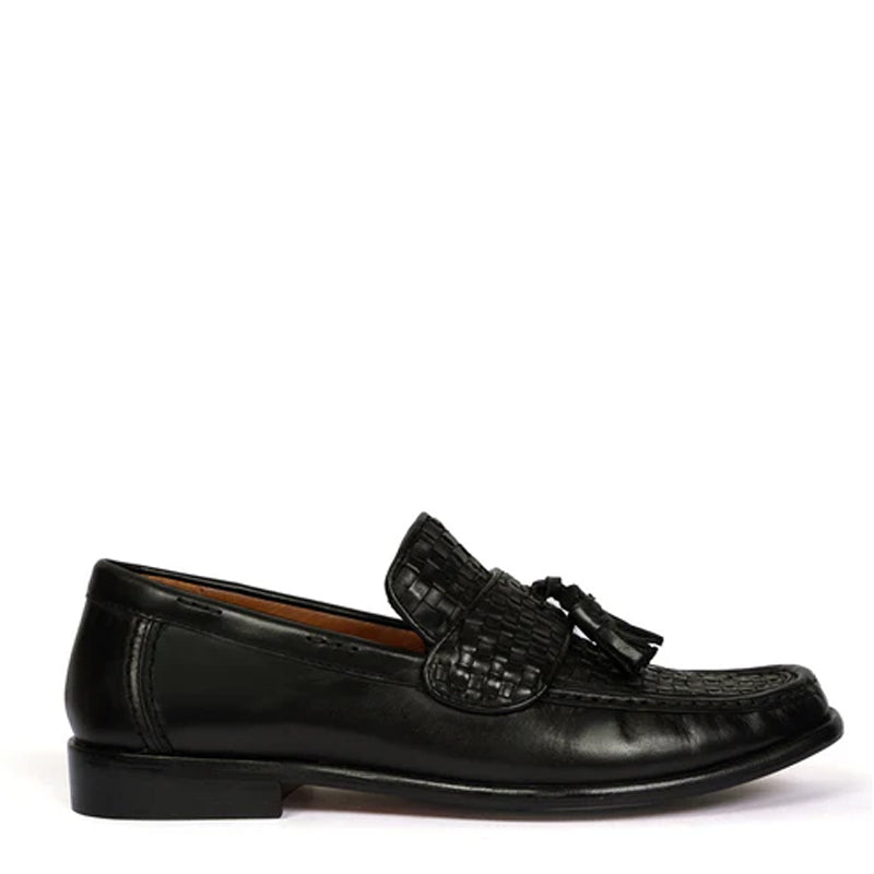 Weaved Solid Leather Tassel Loafers