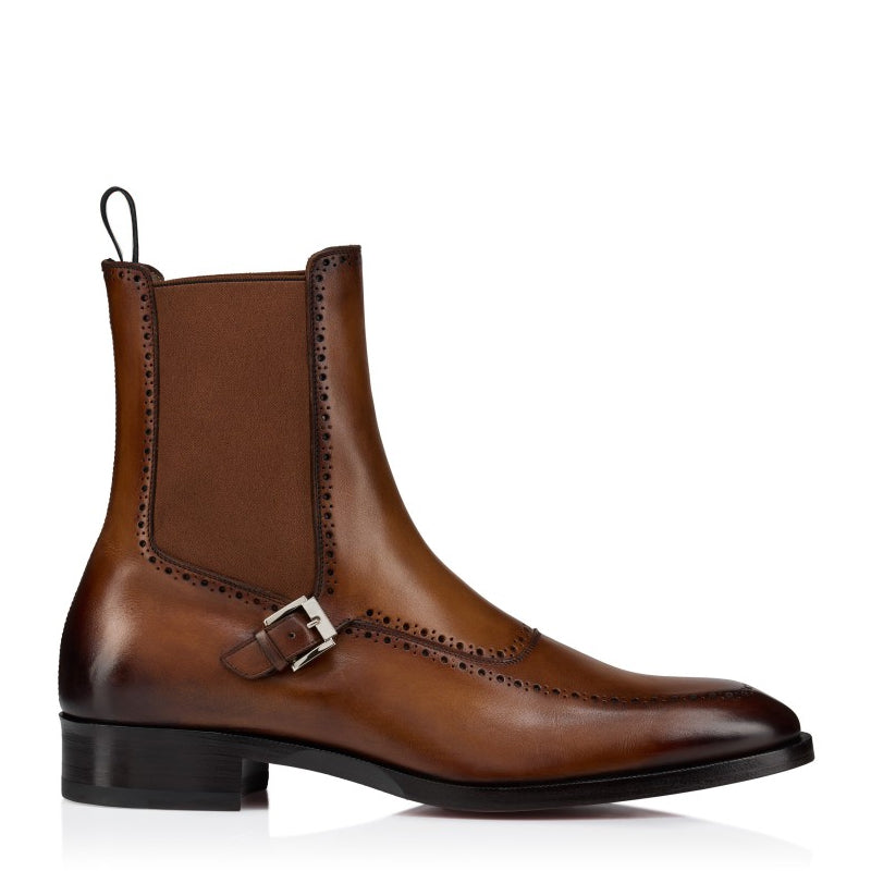 Luxury Chelsea Brown Leather Side Buckle Strap Boot with Brogue Detailing
