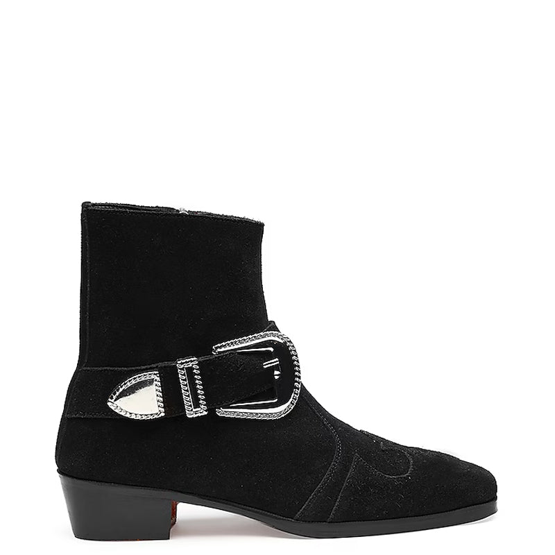 Luxury Suede Stylish Side-Zipper Black Boot With Silver Buckle