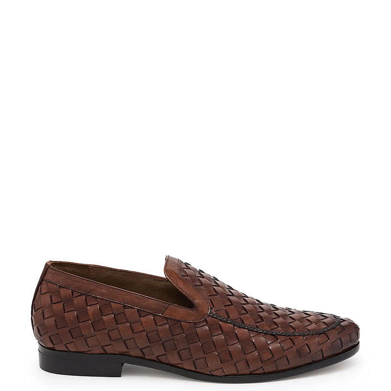 Men Woven Textured Handmade Pure Leather Brown Loafer