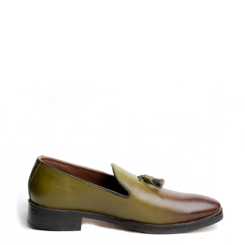 Casual Olive Slip-On Leather Tassel Loafer
