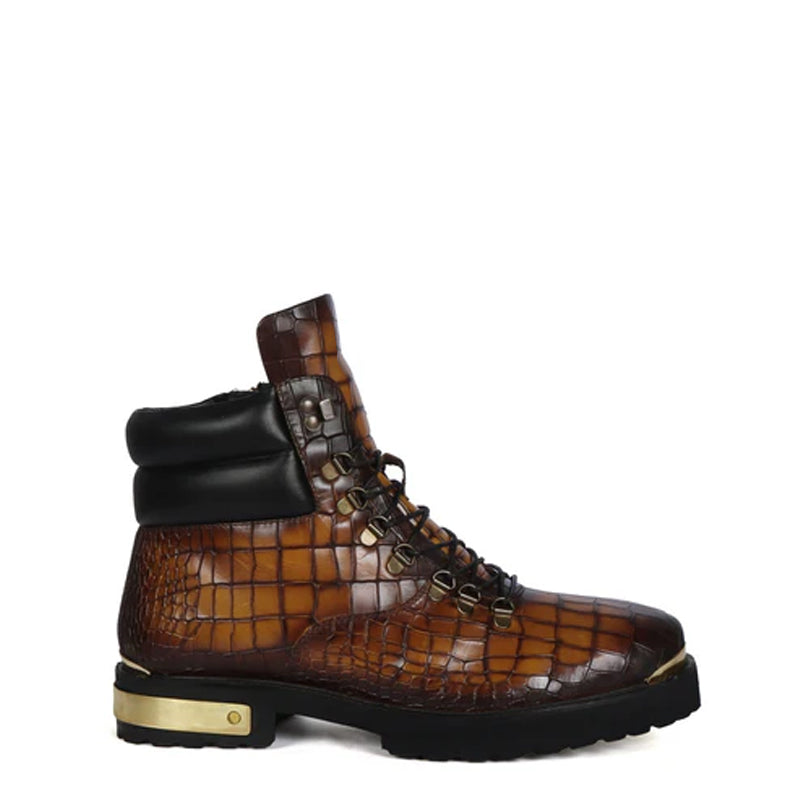 Croco Deep Cut Leather Lace-UP Ankle Boot Burgundy