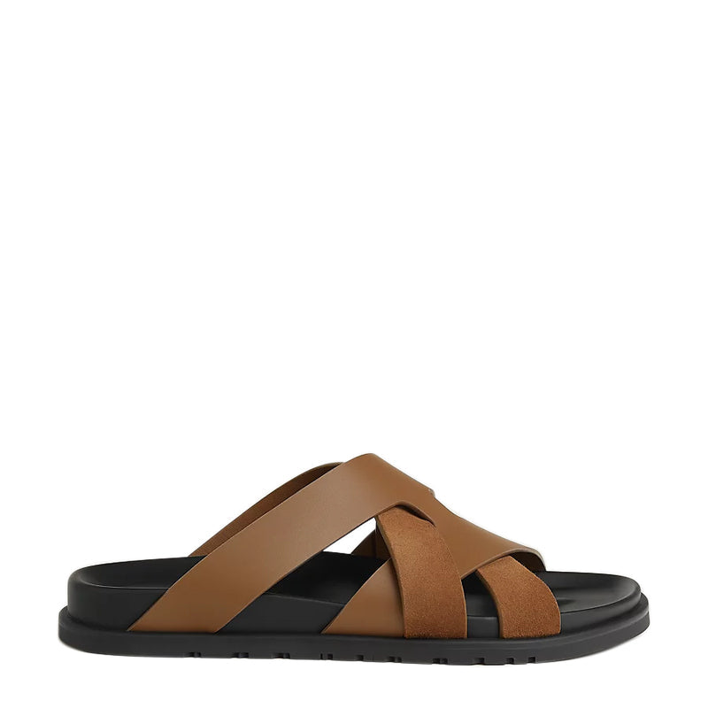 Men Textured Leather Comfort Black/Green Sandal