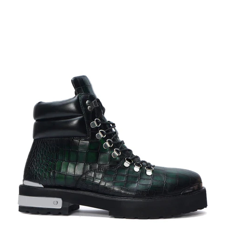 Croco Deep Cut Leather Lace-UP Ankle Boot Burgundy