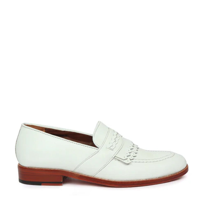 Pure Handmade Solid Tan Leather Loafer With Fringe
