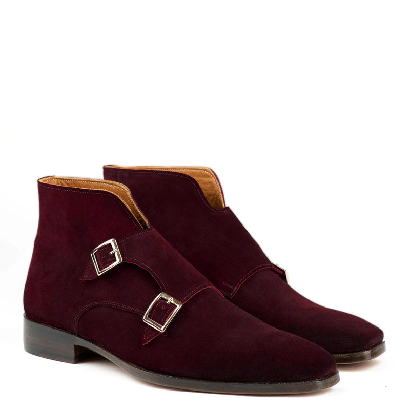 Classic Suede Leather Double Monkstraps Ankle Boot Brown