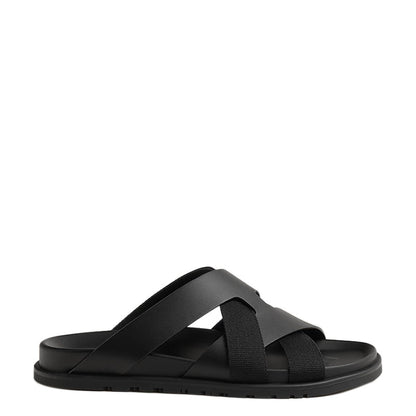 Men Textured Leather Comfort Black/Green Sandal