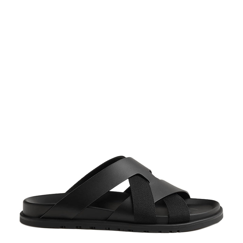 Men Textured Leather Comfort Black/Green Sandal