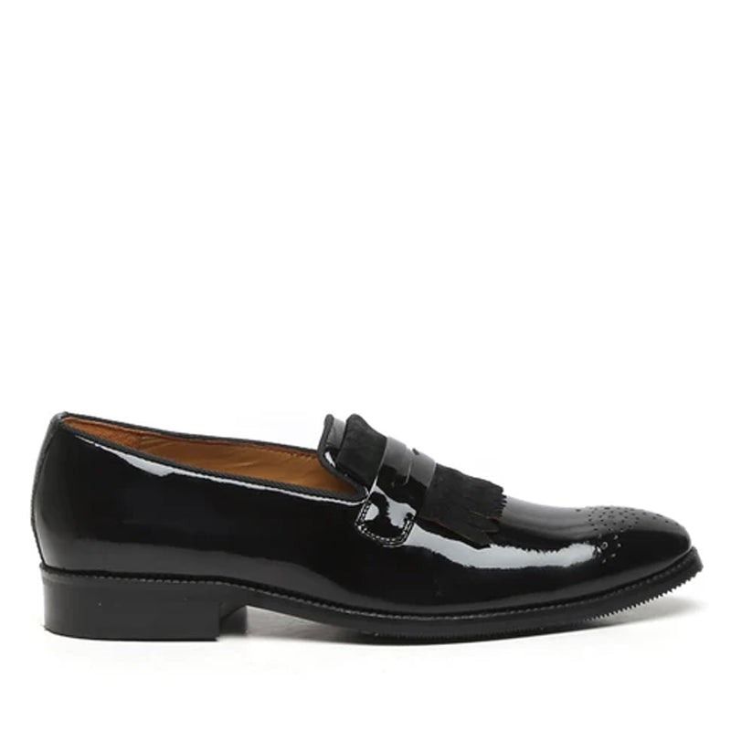 Patent Leather Slip-On Brown Shoe With Fringes