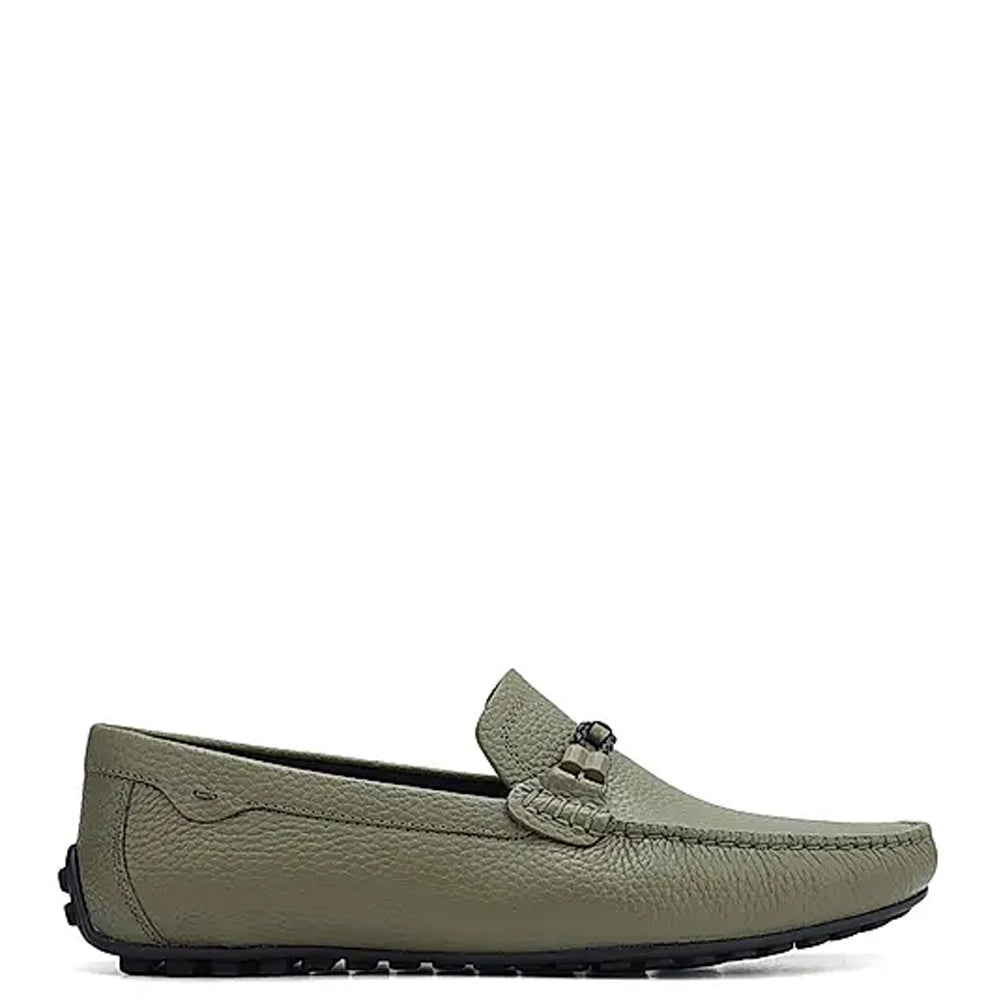 Men Textured Leather Driving Olive Green Loafer