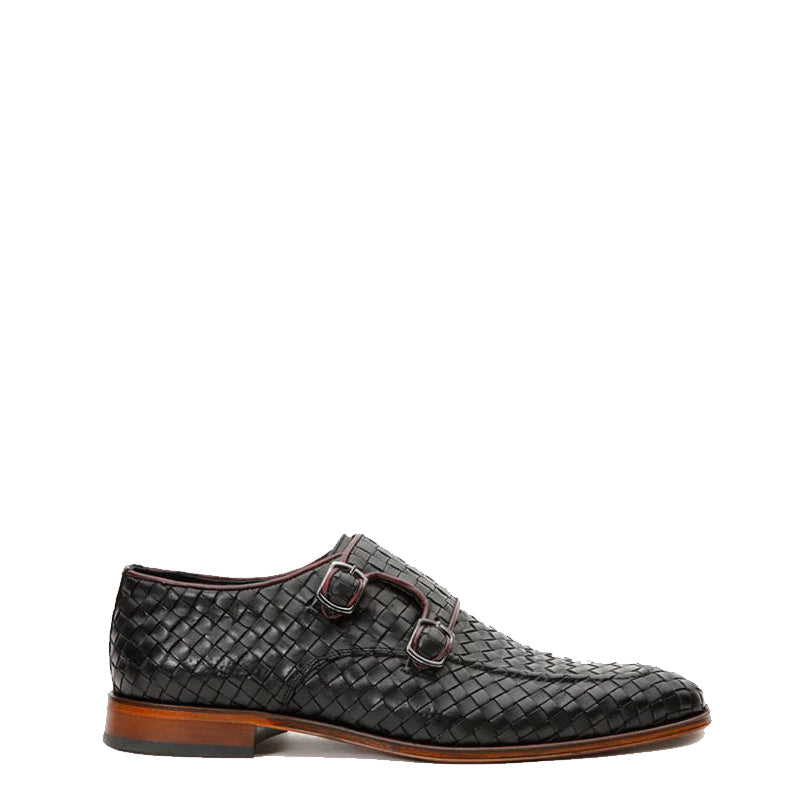 Black Woven Double Monk Strap Men's Shoes