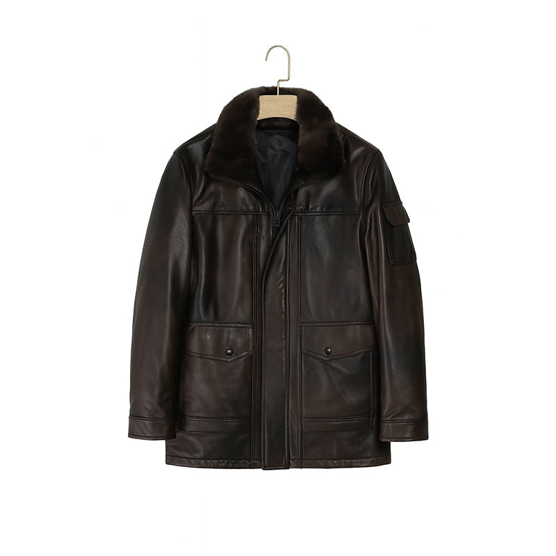 Men's Luxurious Burgundy Front Pocket Jacket with Fur Collar