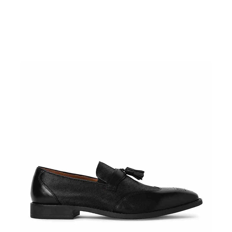 Classic Textured Design Leather Tassel Loafer Black