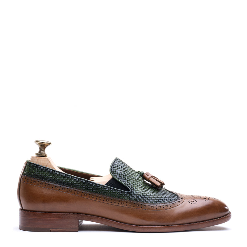 Tassels Hand Patina Wing Leather Loafer Brown/Tan