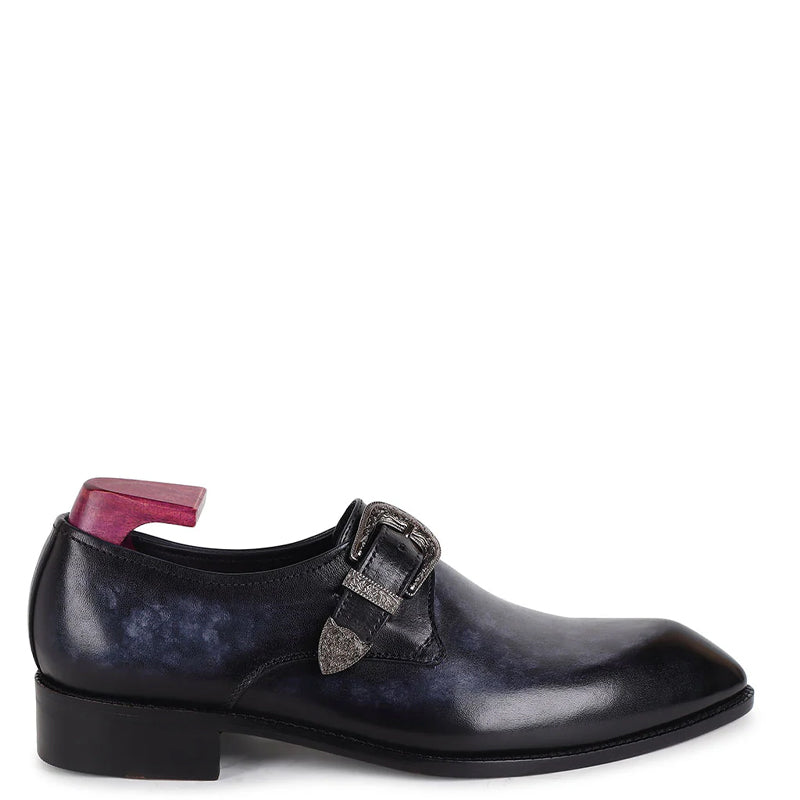 Plain Leather Single Monk Black Shoe With Side Buckle