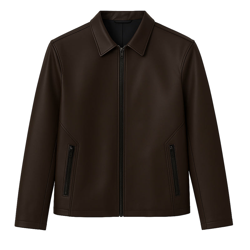 Men's Plain Casual Black Leather Jacket with Collar