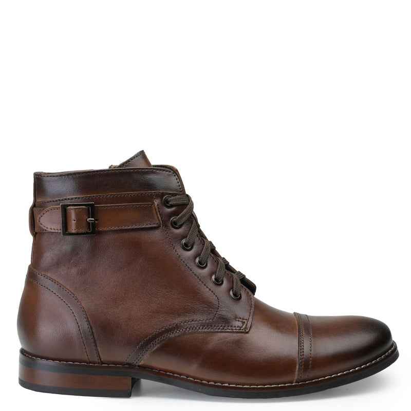 Men Solid High Buckle Leather Ankle Brown Boot