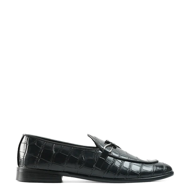 Croco Side Hook Leather Formal Black Loafer