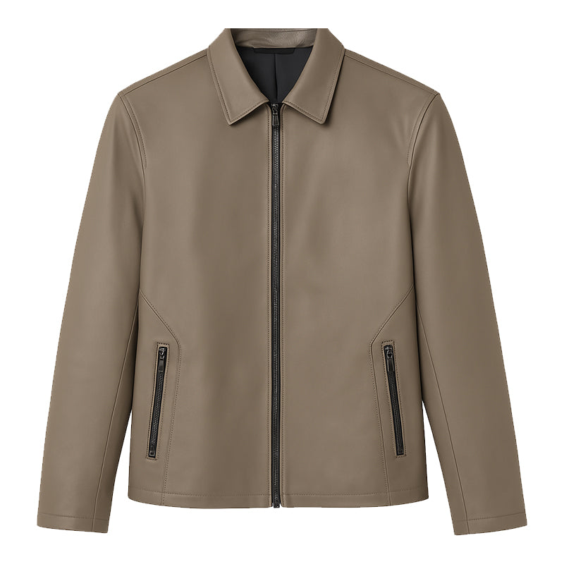 Men's Plain Casual Beige Leather Jacket with Collar